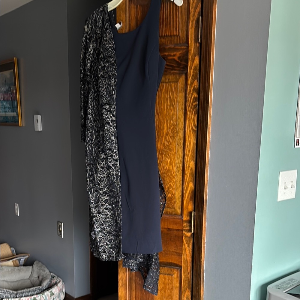 Elegant navy blue Dress with Patterned over jacket.